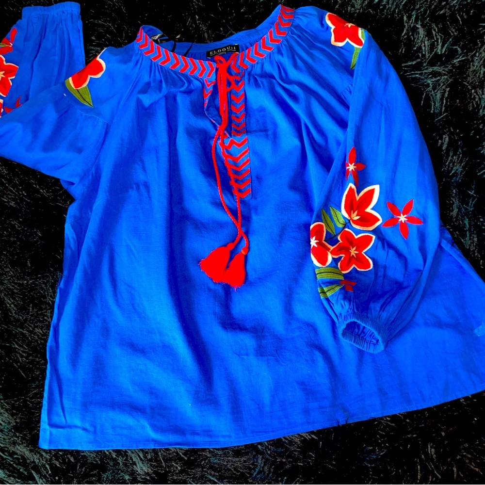 Eloquii embroidered top with tassels, size 18